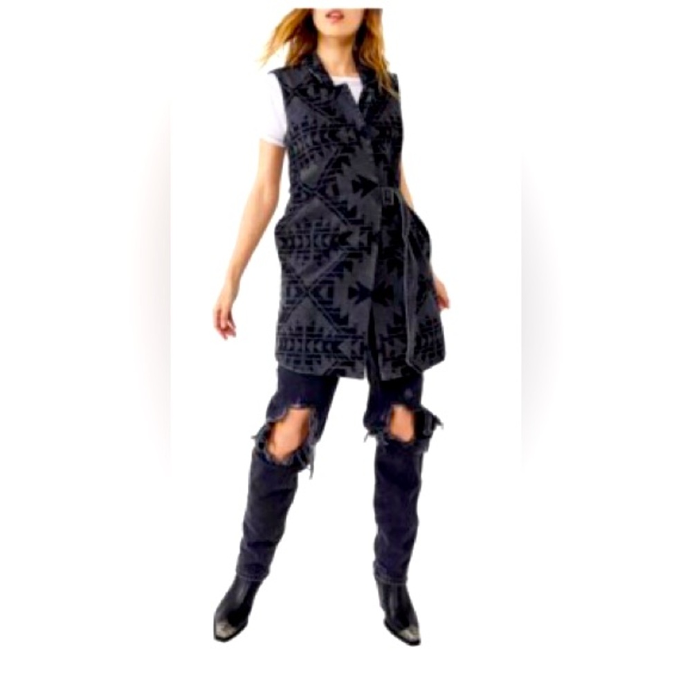 Free People Geometric Longline Denim Vest